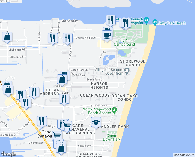map of restaurants, bars, coffee shops, grocery stores, and more near 412 Beach Park Lane in Cape Canaveral