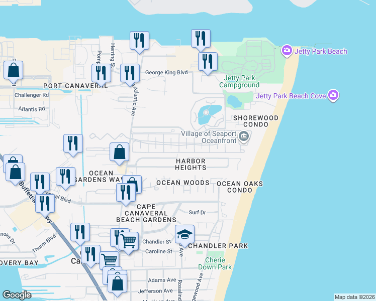 map of restaurants, bars, coffee shops, grocery stores, and more near 414 Seaport Boulevard in Cape Canaveral