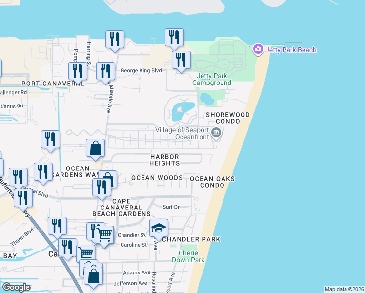 map of restaurants, bars, coffee shops, grocery stores, and more near 626 Beach Park Lane in Cape Canaveral