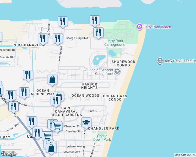 map of restaurants, bars, coffee shops, grocery stores, and more near 526 Seaport Boulevard in Cape Canaveral