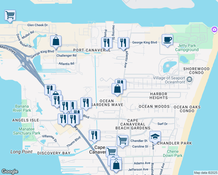 map of restaurants, bars, coffee shops, grocery stores, and more near 161 Portside Avenue in Cape Canaveral