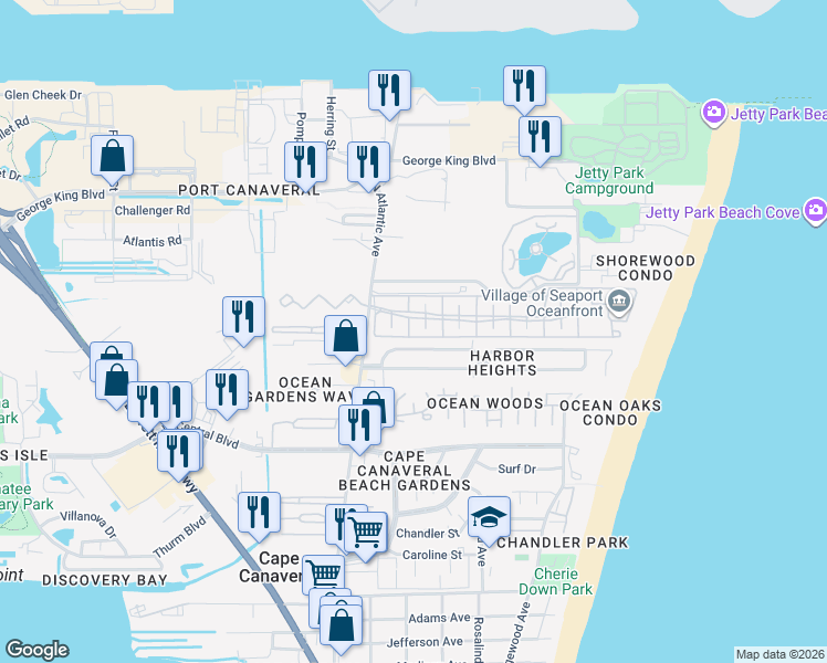 map of restaurants, bars, coffee shops, grocery stores, and more near 224 Beach Park Lane in Cape Canaveral