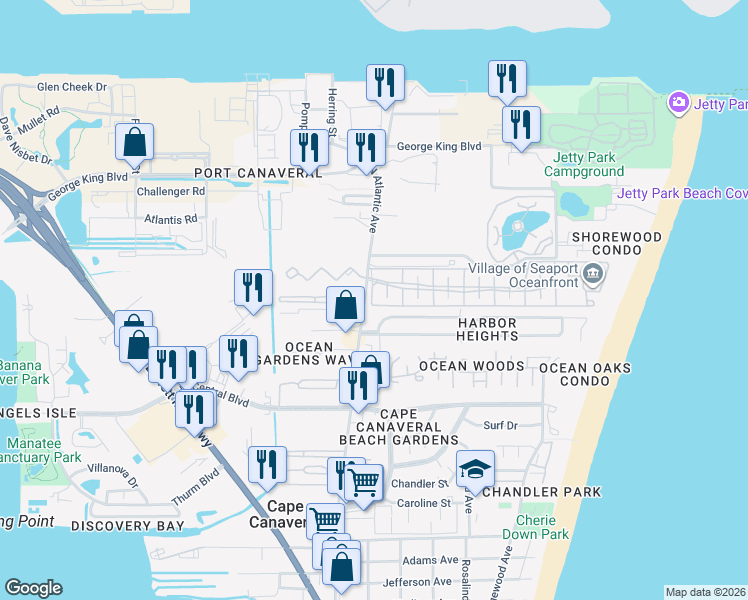map of restaurants, bars, coffee shops, grocery stores, and more near 103 Ocean Park Lane in Cape Canaveral