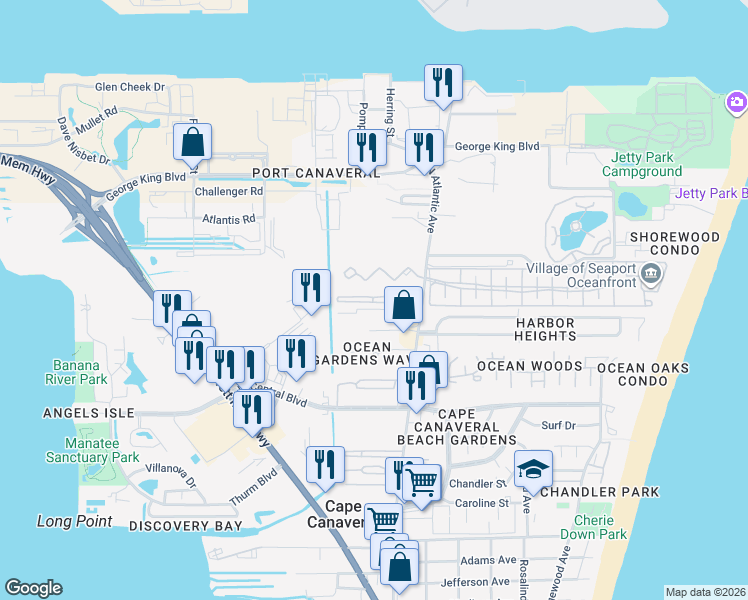 map of restaurants, bars, coffee shops, grocery stores, and more near 161 Portside Avenue in Cape Canaveral
