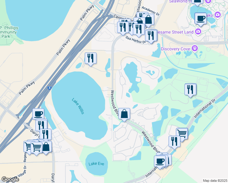 map of restaurants, bars, coffee shops, grocery stores, and more near 11037 Laguna Bay Drive in Orlando