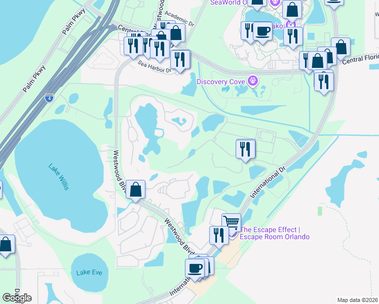 map of restaurants, bars, coffee shops, grocery stores, and more near 6558 Captains Way in Orlando