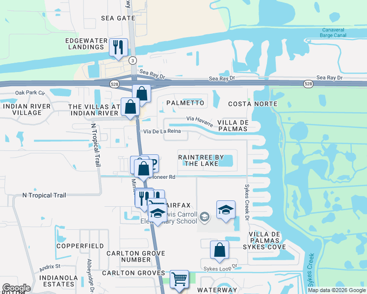 map of restaurants, bars, coffee shops, grocery stores, and more near 162 Las Palmas in Merritt Island