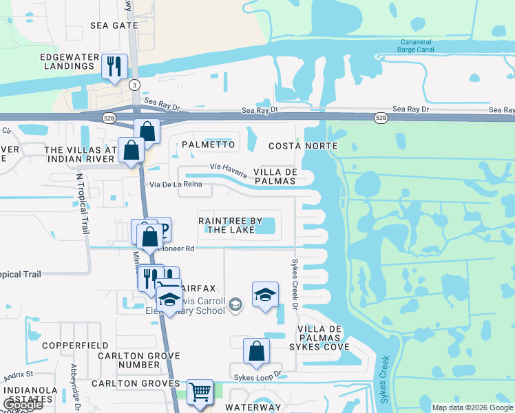 map of restaurants, bars, coffee shops, grocery stores, and more near 182 Vía De La Reina in Merritt Island