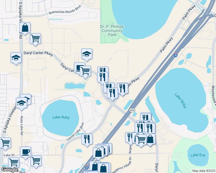 map of restaurants, bars, coffee shops, grocery stores, and more near 7949 Westover Avenue in Orlando