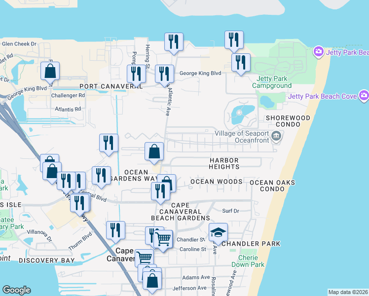 map of restaurants, bars, coffee shops, grocery stores, and more near 124 Beach Park Lane in Cape Canaveral