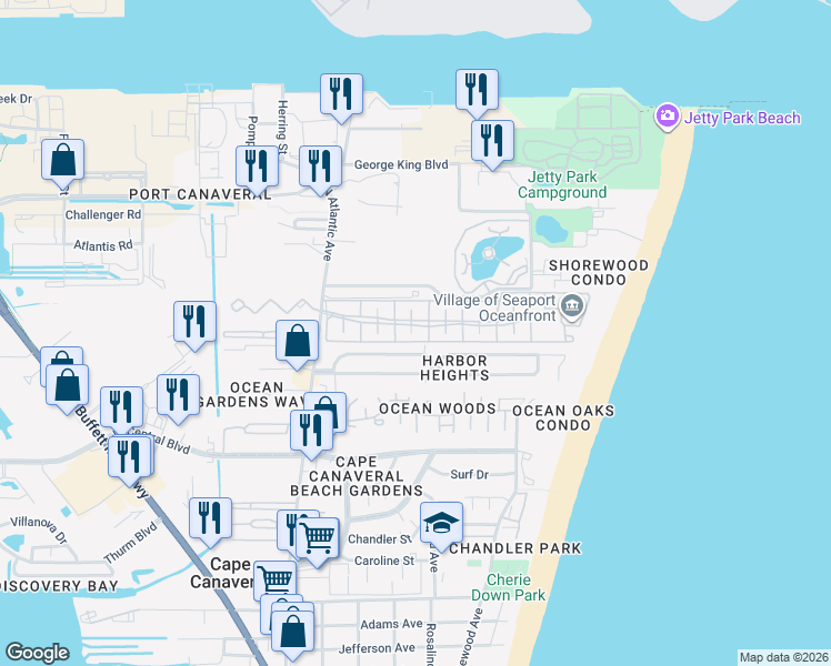 map of restaurants, bars, coffee shops, grocery stores, and more near 318 Seaport Boulevard in Cape Canaveral