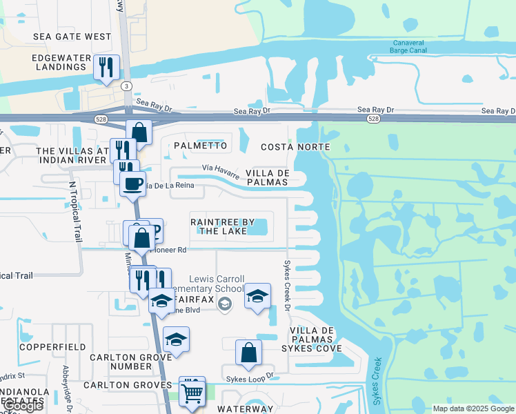 map of restaurants, bars, coffee shops, grocery stores, and more near 2565 Raintree Lake Circle in Merritt Island