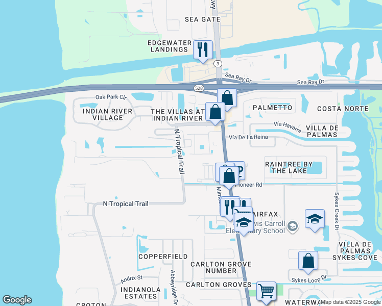 map of restaurants, bars, coffee shops, grocery stores, and more near 290 Spring Drive in Merritt Island