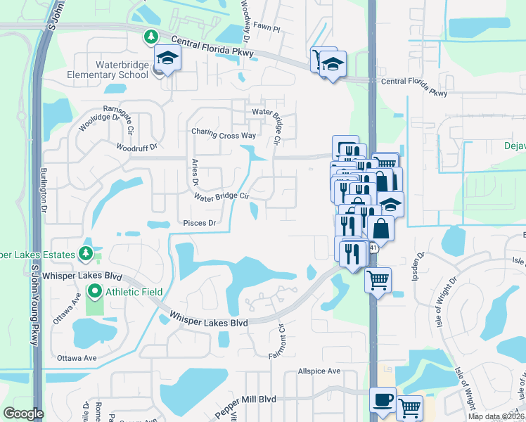 map of restaurants, bars, coffee shops, grocery stores, and more near 11386 Water Bridge Circle in Orlando