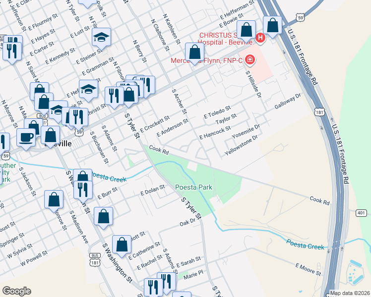 map of restaurants, bars, coffee shops, grocery stores, and more near 901 East Hancock Street in Beeville