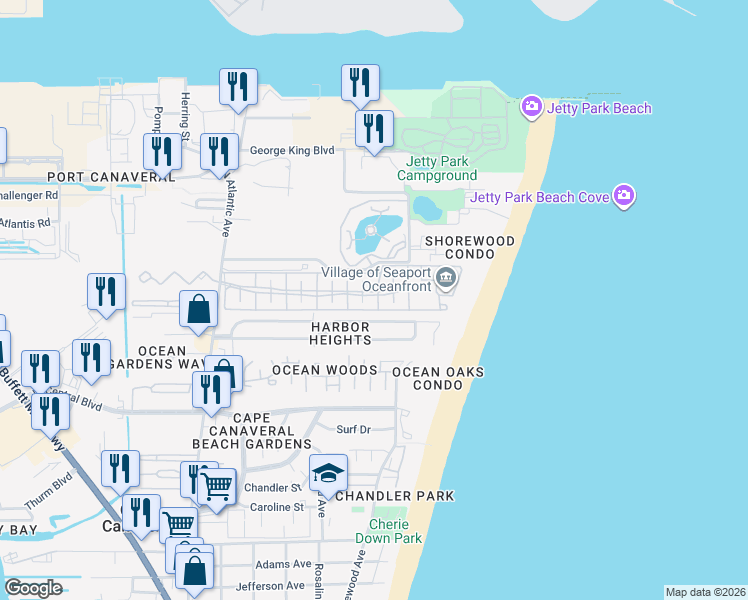 map of restaurants, bars, coffee shops, grocery stores, and more near 647 Seaport Boulevard in Cape Canaveral