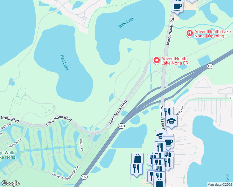 map of restaurants, bars, coffee shops, grocery stores, and more near 8577 Adalina Place in Orlando