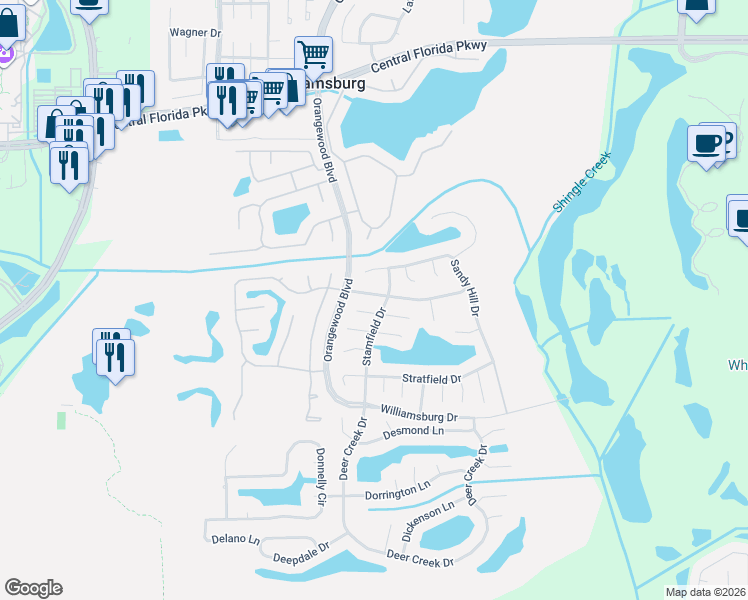 map of restaurants, bars, coffee shops, grocery stores, and more near 5513 Silent Brook Drive in Orlando