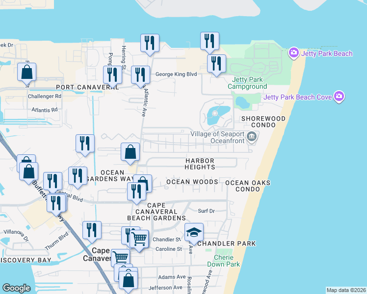 map of restaurants, bars, coffee shops, grocery stores, and more near 513 Seaport Boulevard in Cape Canaveral