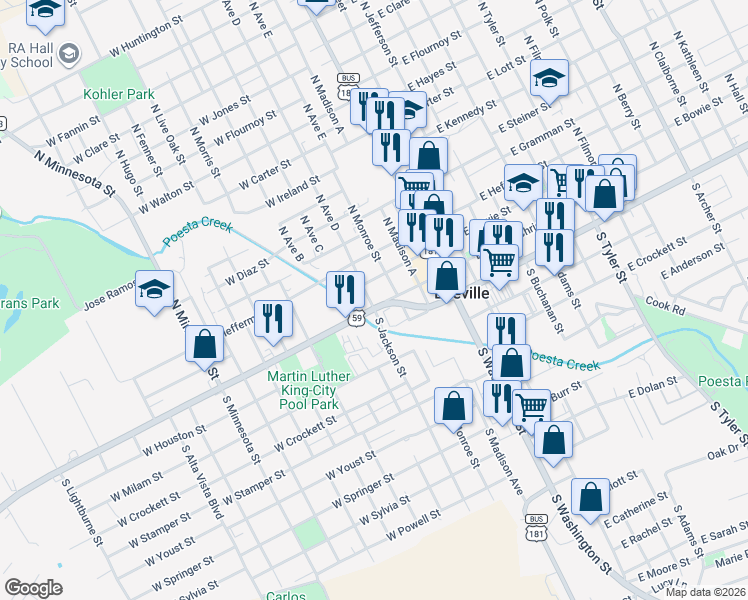 map of restaurants, bars, coffee shops, grocery stores, and more near 407 West Bowie Street in Beeville