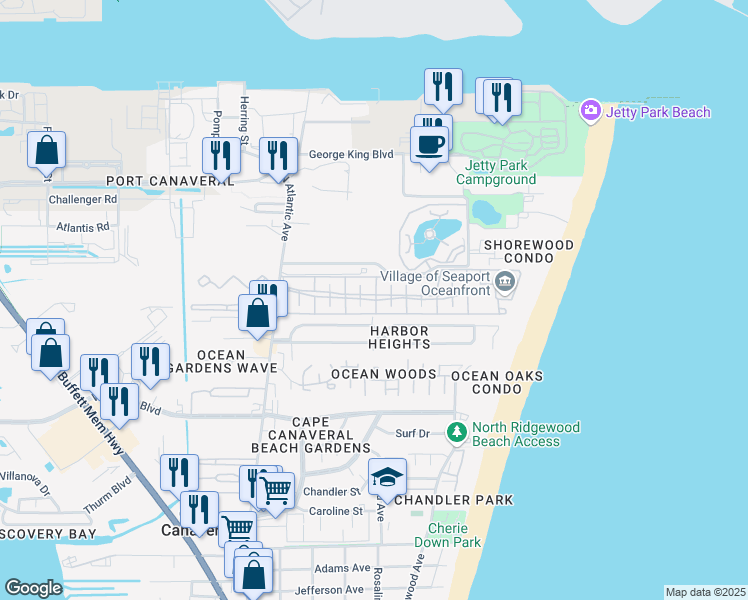 map of restaurants, bars, coffee shops, grocery stores, and more near 461 Seaport Boulevard in Cape Canaveral