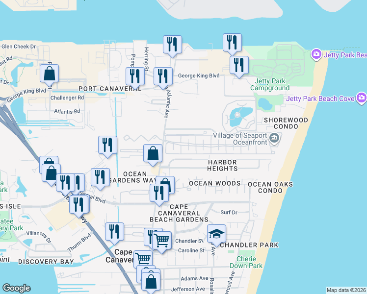 map of restaurants, bars, coffee shops, grocery stores, and more near 212 Seaport Boulevard in Cape Canaveral