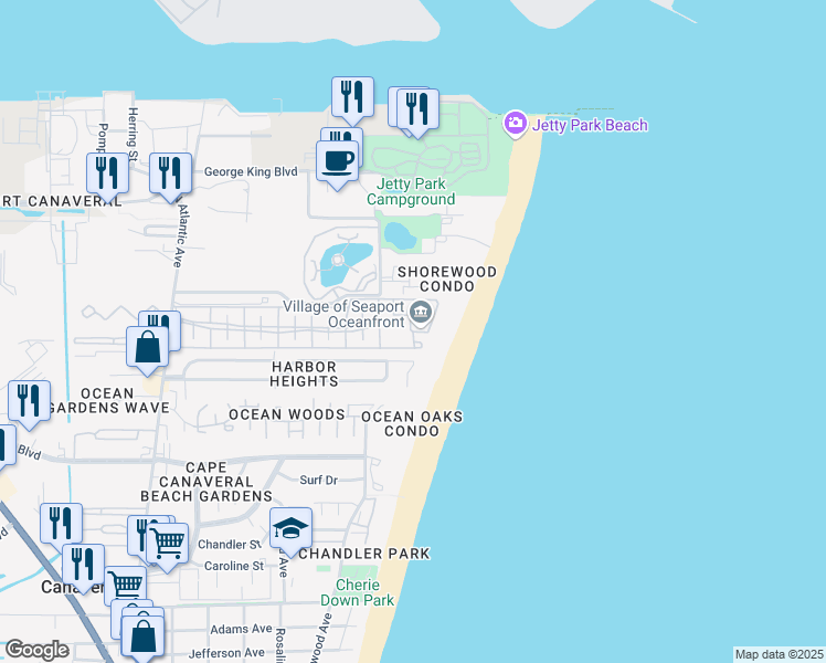 map of restaurants, bars, coffee shops, grocery stores, and more near 1198 Ocean Park Lane in Cape Canaveral