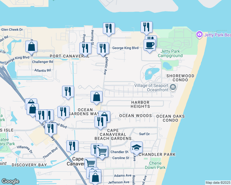 map of restaurants, bars, coffee shops, grocery stores, and more near 131 Seaport Boulevard in Cape Canaveral