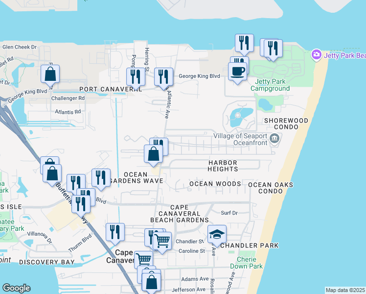 map of restaurants, bars, coffee shops, grocery stores, and more near 121 Seaport Boulevard in Cape Canaveral