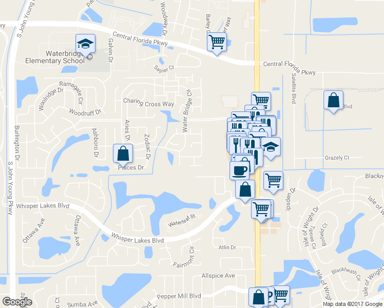 map of restaurants, bars, coffee shops, grocery stores, and more near 2319 Millbank Drive in Orlando