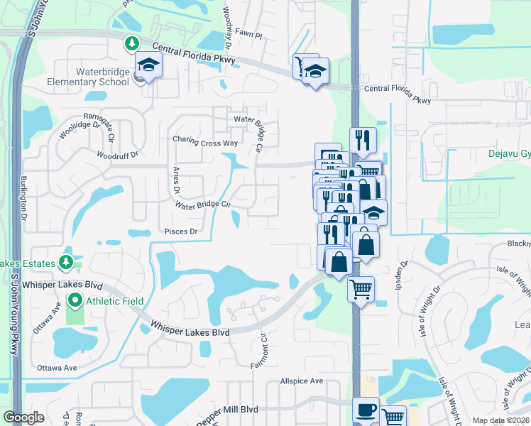 map of restaurants, bars, coffee shops, grocery stores, and more near 2319 Millbank Drive in Orlando