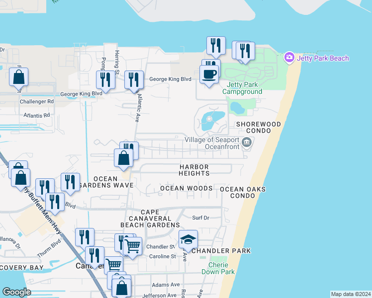 map of restaurants, bars, coffee shops, grocery stores, and more near 414 Seaport Boulevard in Cape Canaveral