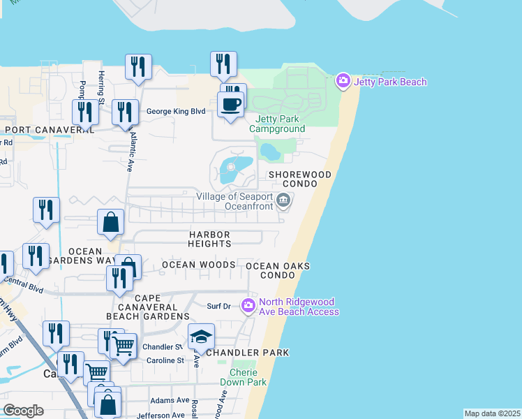 map of restaurants, bars, coffee shops, grocery stores, and more near 638 Seaport Boulevard in Cape Canaveral