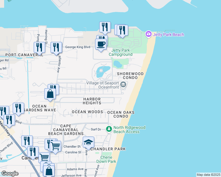 map of restaurants, bars, coffee shops, grocery stores, and more near 646 Seaport Boulevard in Cape Canaveral