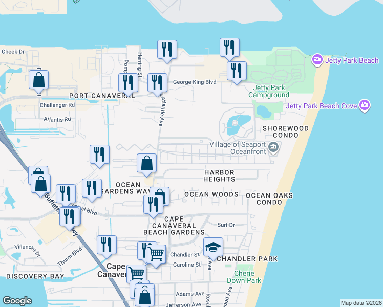 map of restaurants, bars, coffee shops, grocery stores, and more near 228 Seaport Boulevard in Cape Canaveral
