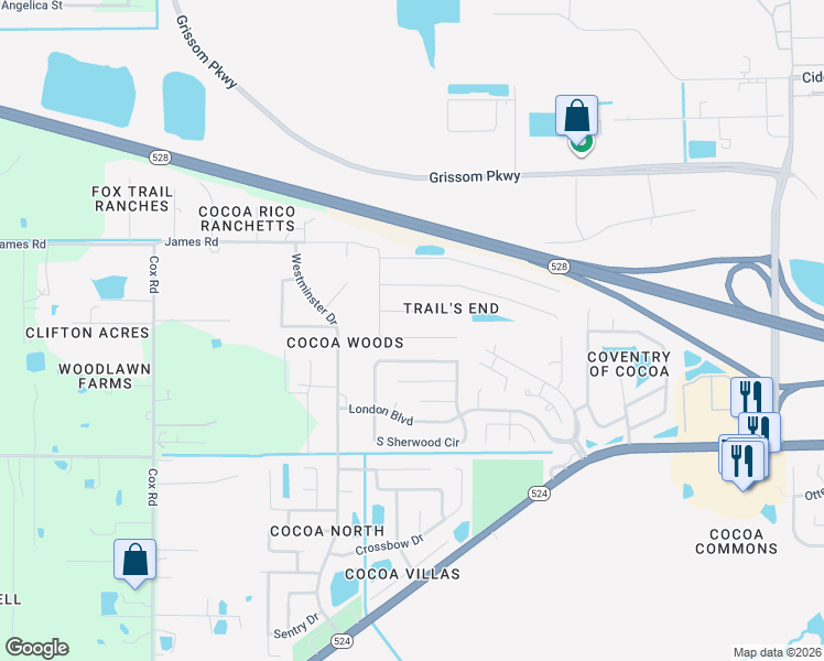 map of restaurants, bars, coffee shops, grocery stores, and more near 3466 Rocky Gap Place in Cocoa