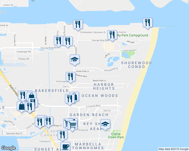 map of restaurants, bars, coffee shops, grocery stores, and more near 330 Seaport Boulevard in Cape Canaveral