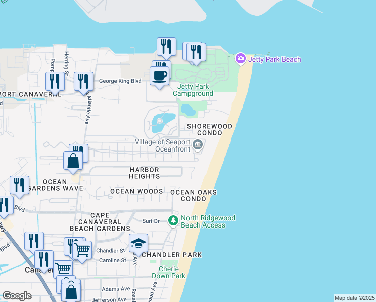 map of restaurants, bars, coffee shops, grocery stores, and more near 807 Mystic Drive in Cape Canaveral