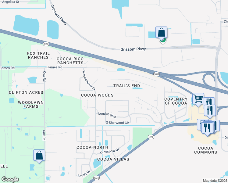 map of restaurants, bars, coffee shops, grocery stores, and more near 3466 Rocky Gap Pl in Cocoa