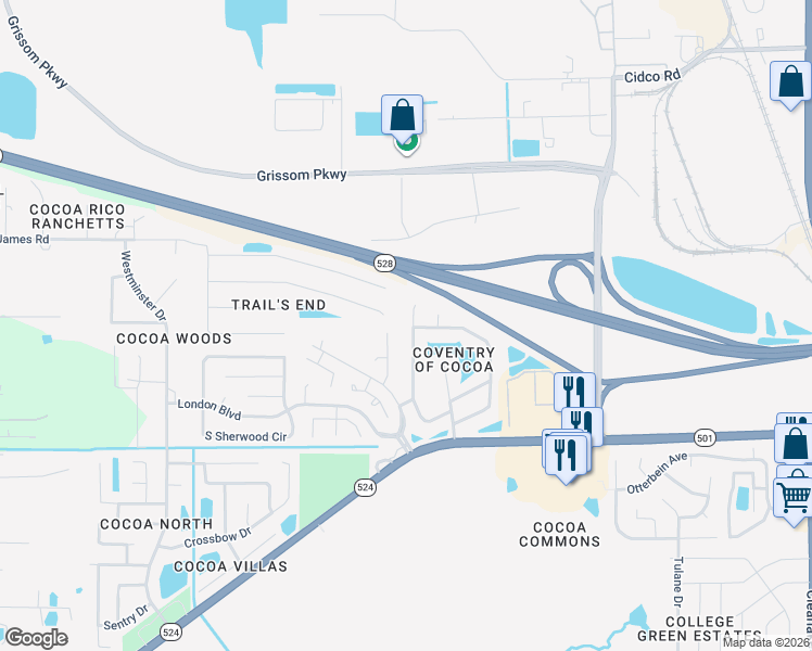 map of restaurants, bars, coffee shops, grocery stores, and more near 3147 Dunhill Drive in Cocoa