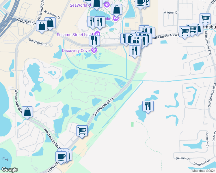 map of restaurants, bars, coffee shops, grocery stores, and more near 6351 International Golf Club Road in Orlando