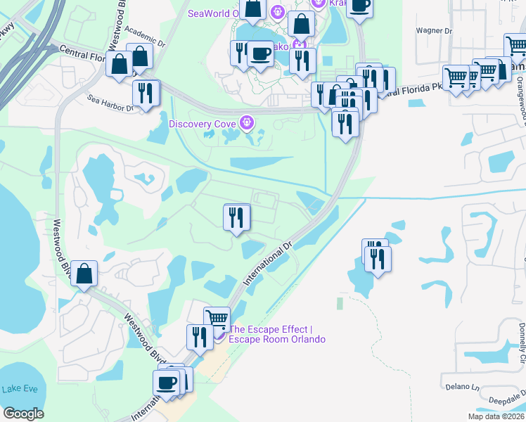map of restaurants, bars, coffee shops, grocery stores, and more near 6351 International Golf Club Road in Orlando