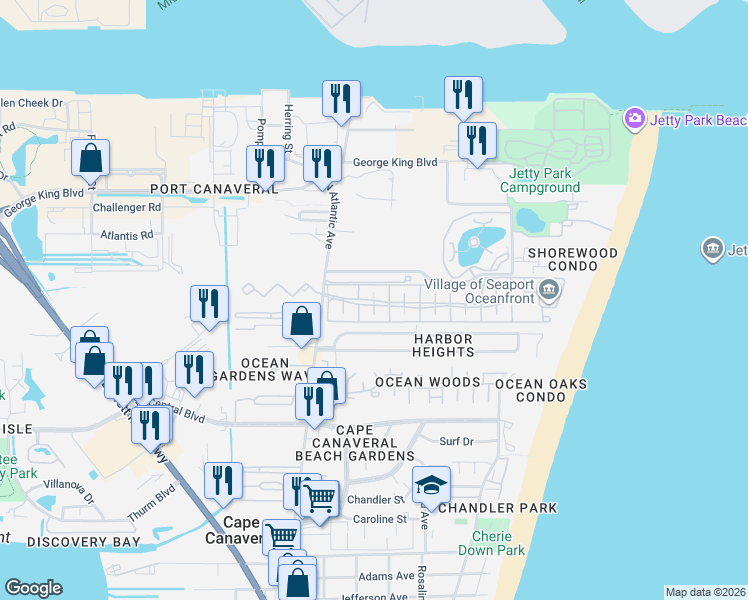 map of restaurants, bars, coffee shops, grocery stores, and more near 142 Seaport Boulevard in Cape Canaveral