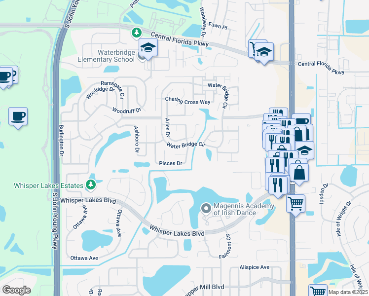 map of restaurants, bars, coffee shops, grocery stores, and more near 11404 Zodiac Drive in Orlando