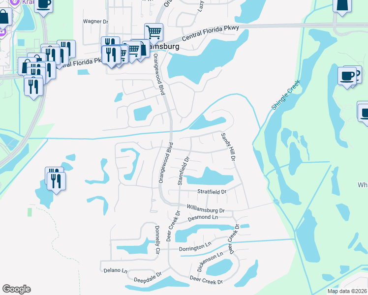 map of restaurants, bars, coffee shops, grocery stores, and more near 5513 Silent Brook Drive in Orlando