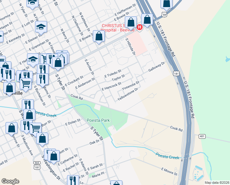 map of restaurants, bars, coffee shops, grocery stores, and more near 710 South Canyon Drive in Beeville