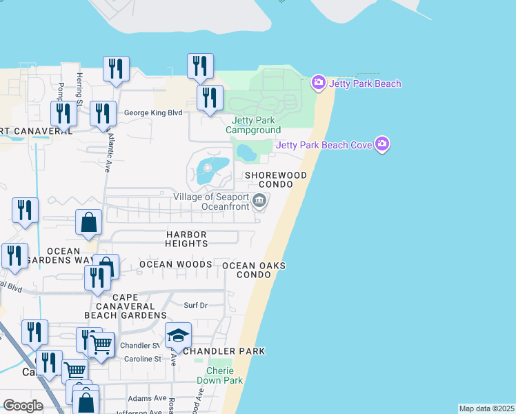 map of restaurants, bars, coffee shops, grocery stores, and more near 817 Mystic Drive in Cape Canaveral