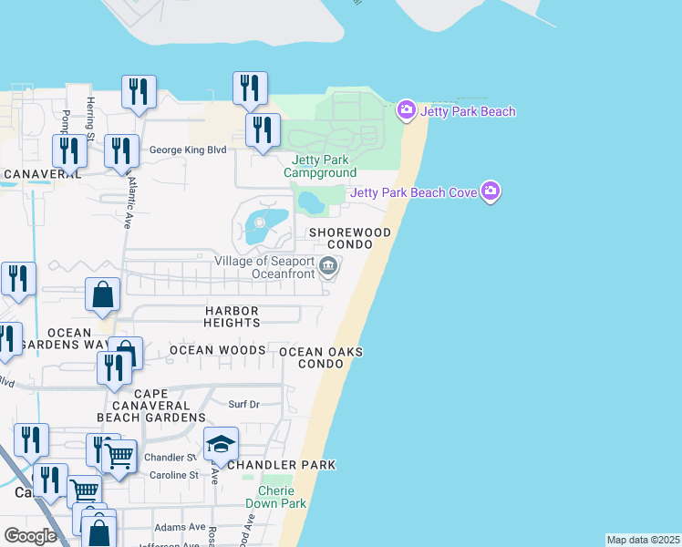 map of restaurants, bars, coffee shops, grocery stores, and more near 817 Mystic Drive in Cape Canaveral