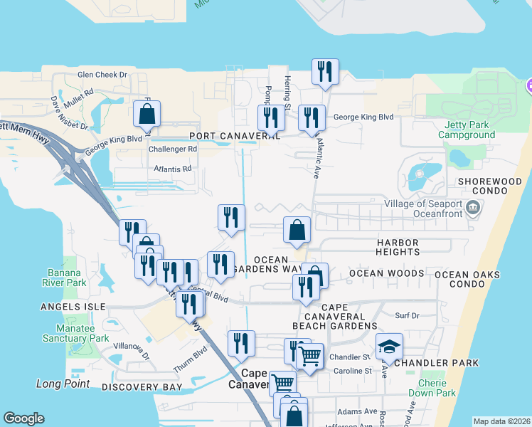 map of restaurants, bars, coffee shops, grocery stores, and more near 161 Portside Avenue in Cape Canaveral