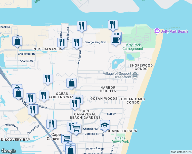 map of restaurants, bars, coffee shops, grocery stores, and more near 306 Seaport Boulevard in Cape Canaveral
